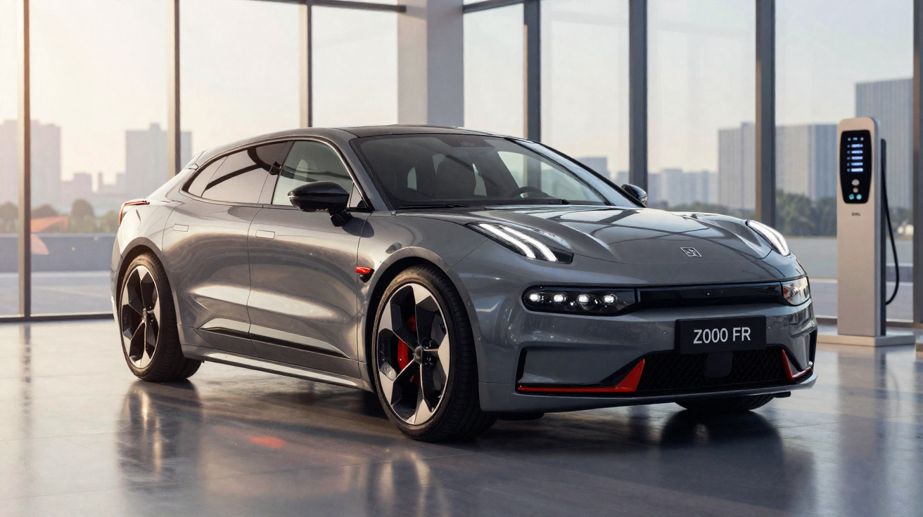 Sleek grey electric sports car parked indoors near a charging station with large windows in the background.
