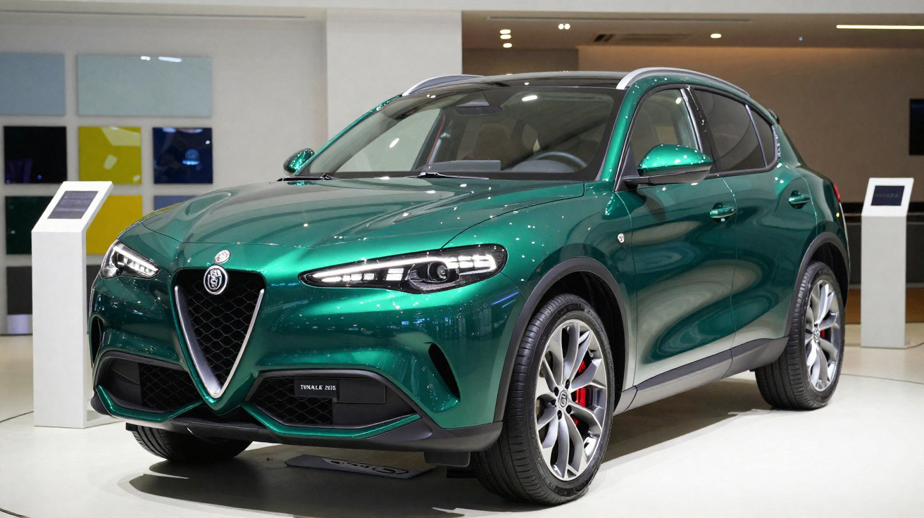 Green Alfa Romeo SUV displayed indoors with sleek design and alloy wheels under bright lighting.