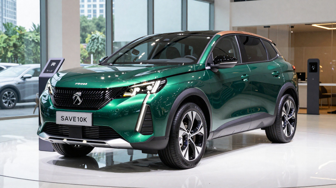 Green Peugeot 2008 SUV displayed inside a showroom with modern design and large windows.