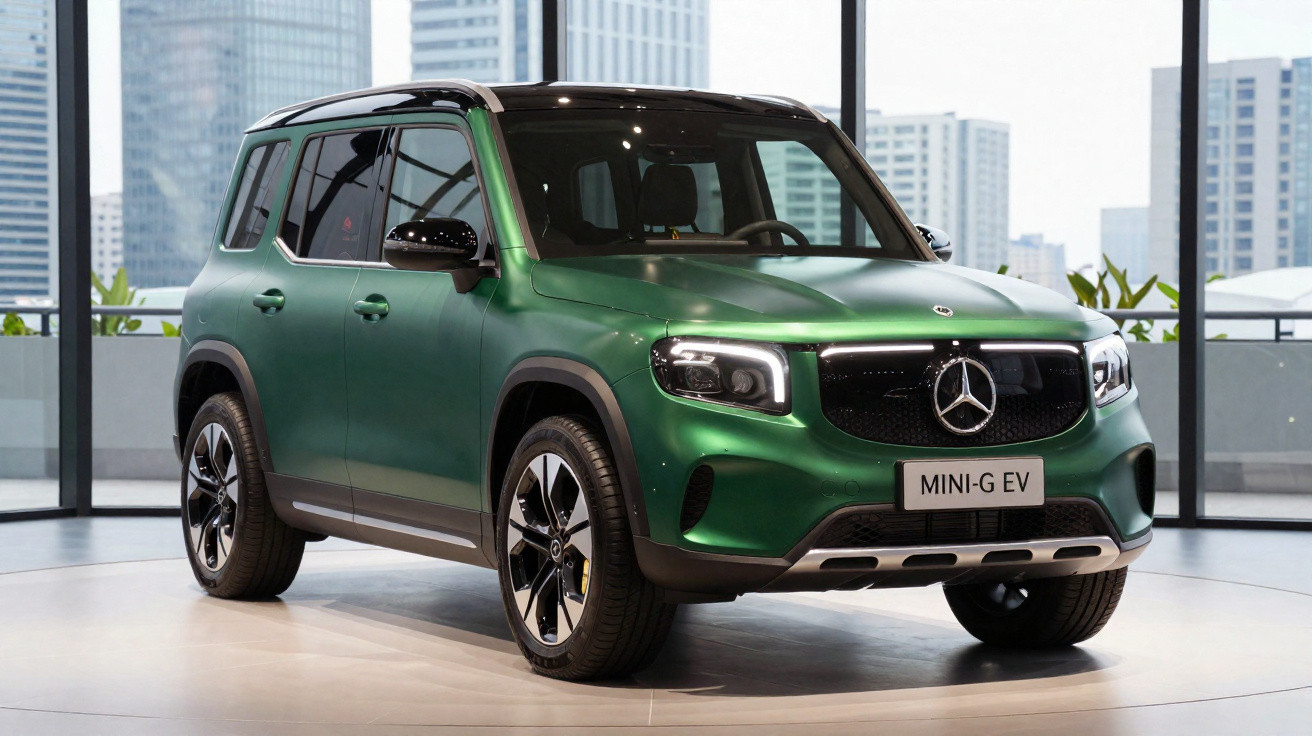Green Mercedes-Benz MINI-G EV electric SUV displayed indoors with city buildings visible through windows behind it.