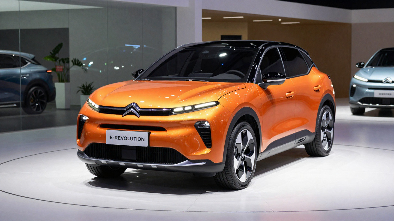 Orange Citroën E-Revolution electric car on display in a showroom with modern design and lighting.