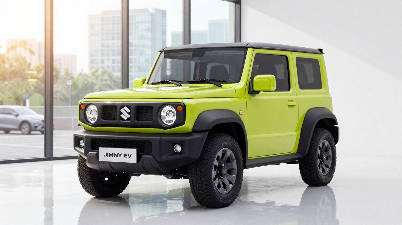 Bright green Suzuki Jimny EV compact SUV parked indoors with city buildings seen through large windows.