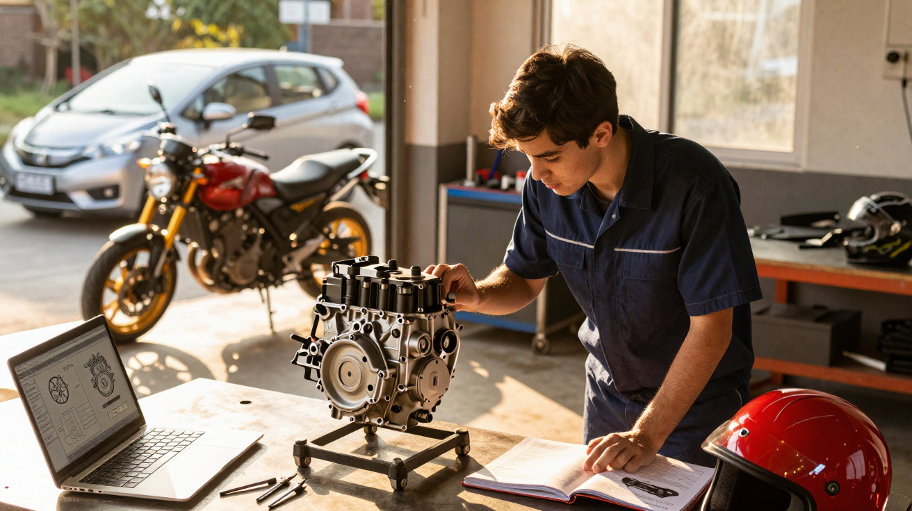 Young man in navy coveralls studying motorcycle engine with manual and laptop in bright garage workspace.