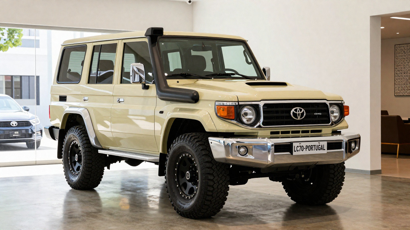 Beige Toyota Land Cruiser with off-road tyres and snorkel displayed indoors on polished concrete floor.