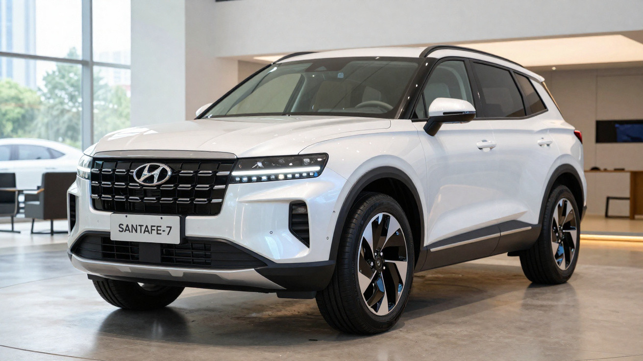White Hyundai Santa Fe-7 SUV parked indoors in a modern showroom with large windows.