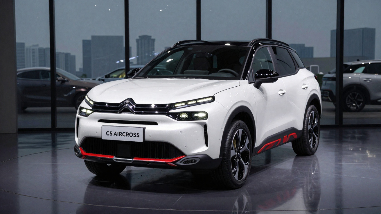 White Citroën C5 Aircross SUV with black roof and red accents displayed indoors against glass windows.