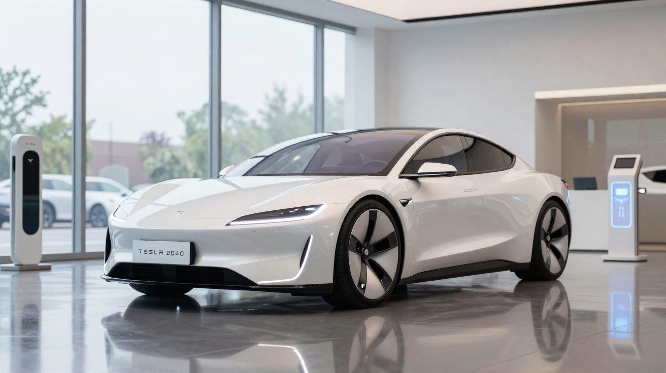 White Tesla 2040 electric sports car displayed in a modern showroom with large glass windows.