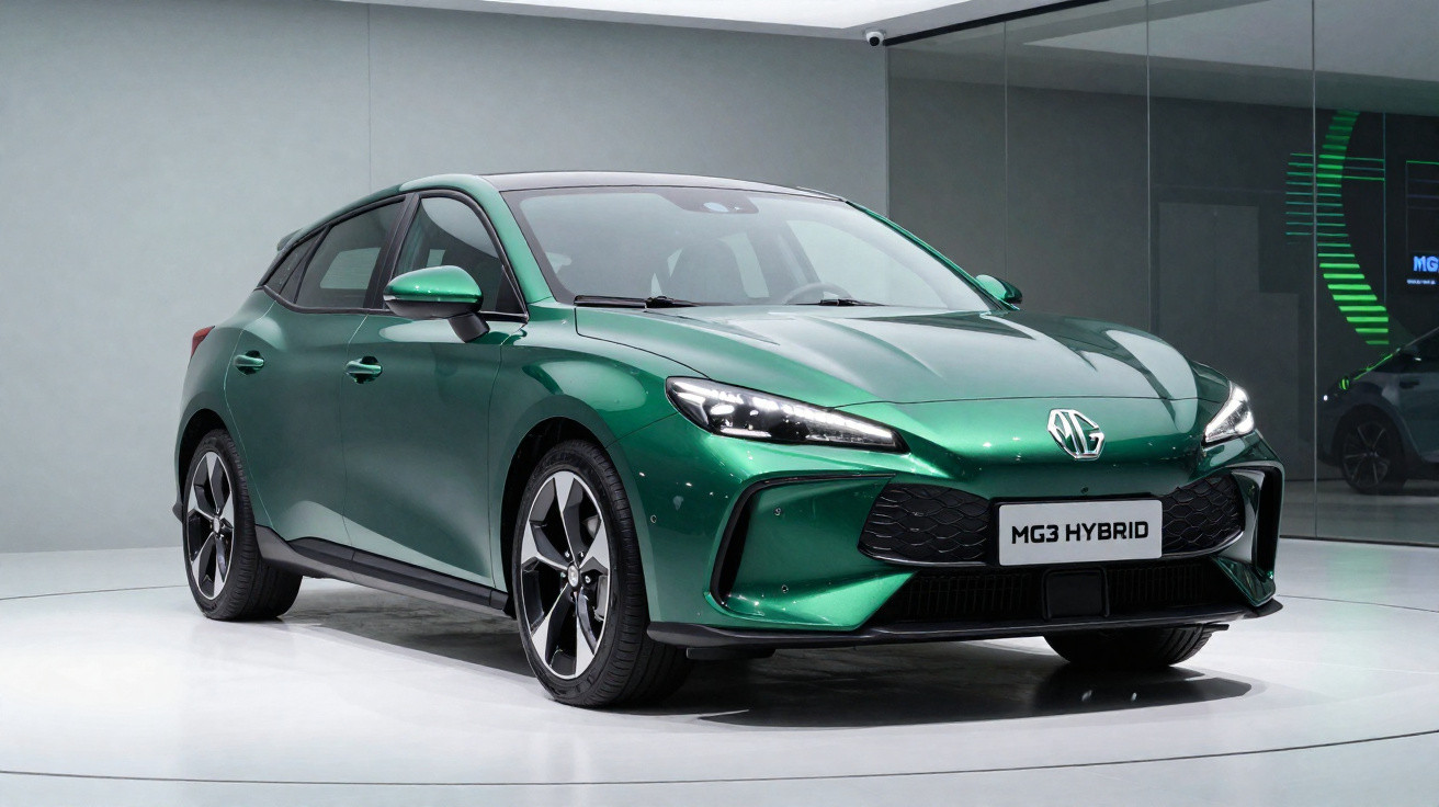 Green MG3 Hybrid hatchback car displayed in a showroom with modern design and black alloy wheels.
