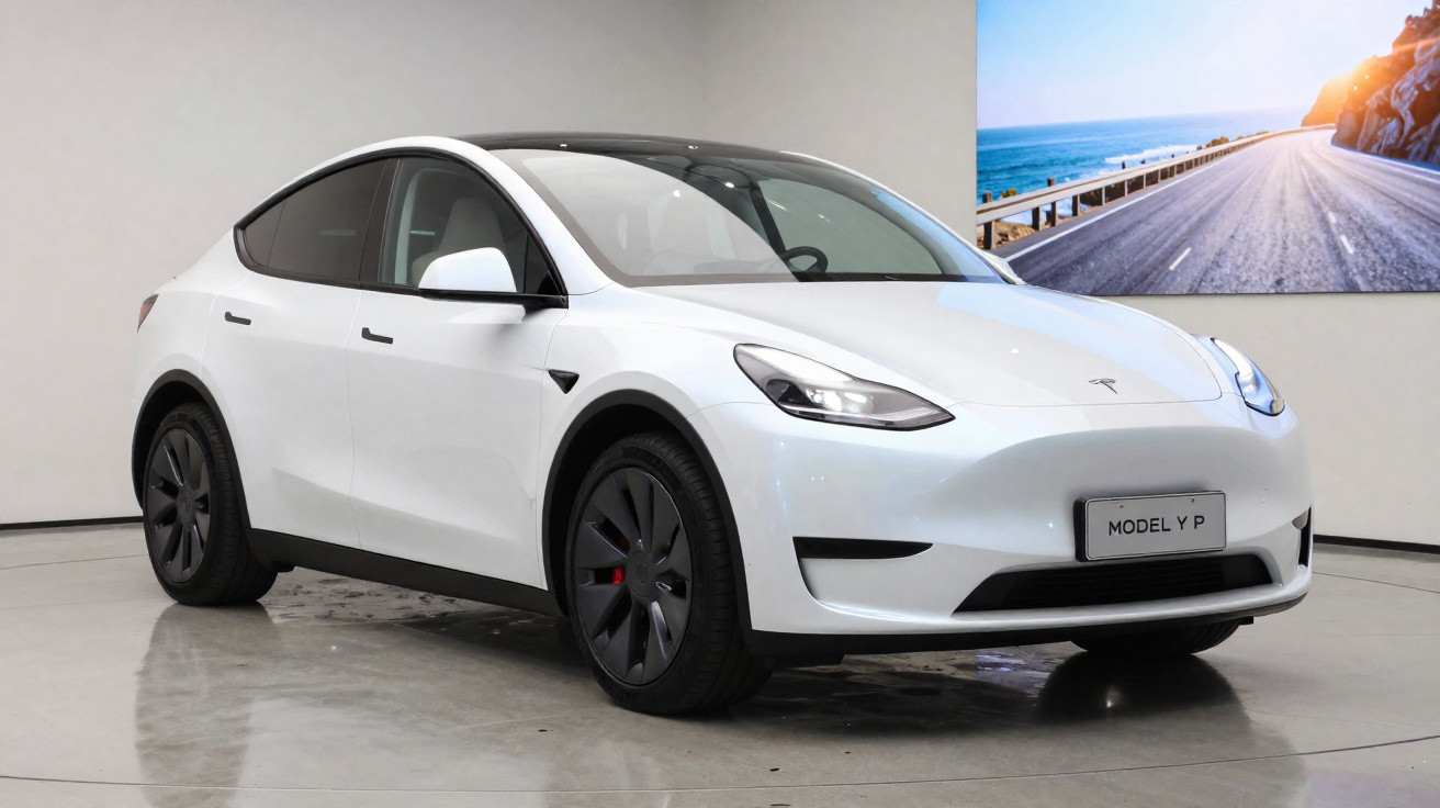 White Tesla Model Y parked indoors with ocean road photo on wall behind it