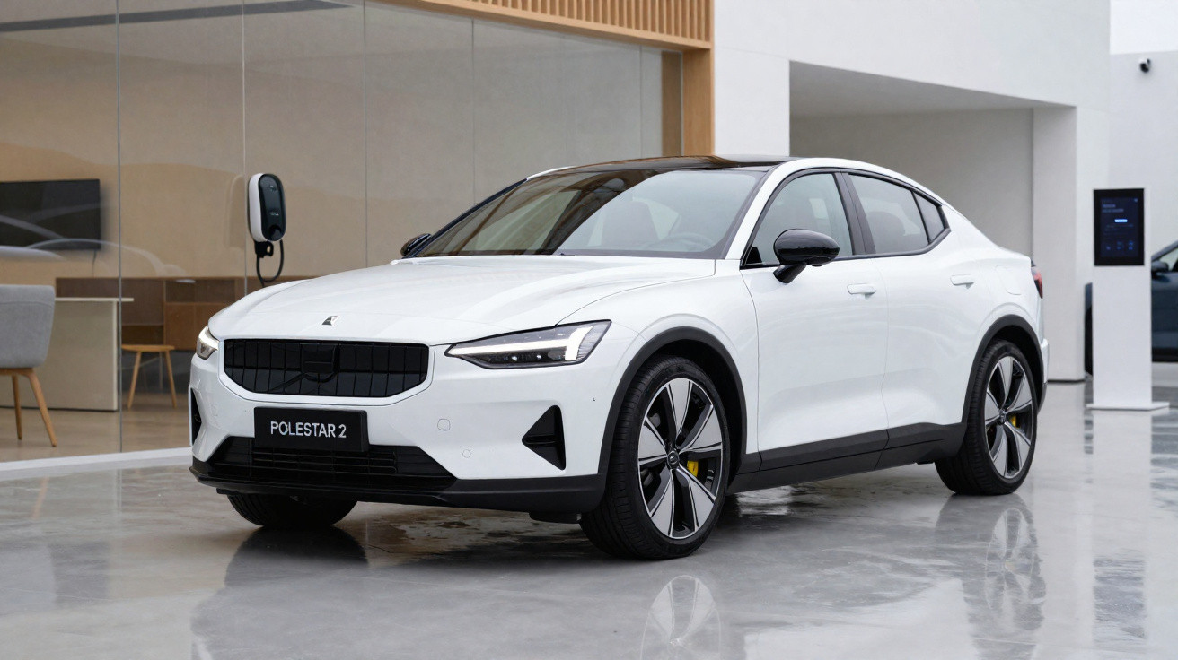 White Polestar 2 electric car parked indoors near a charging station in a modern showroom.
