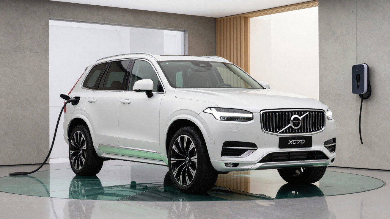 White Volvo XC70 electric SUV charging in a modern indoor station with a minimalist design.