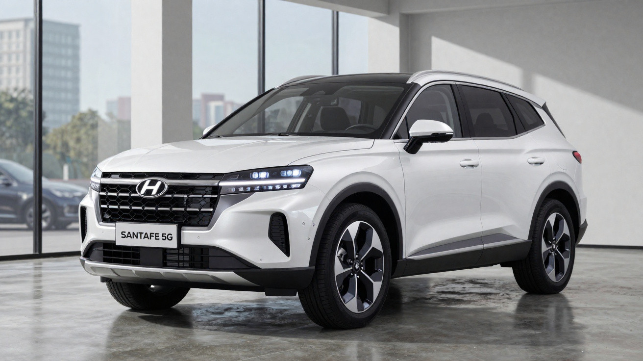 White Hyundai Santa Fe 5G SUV parked indoors near large glass windows on polished floor.