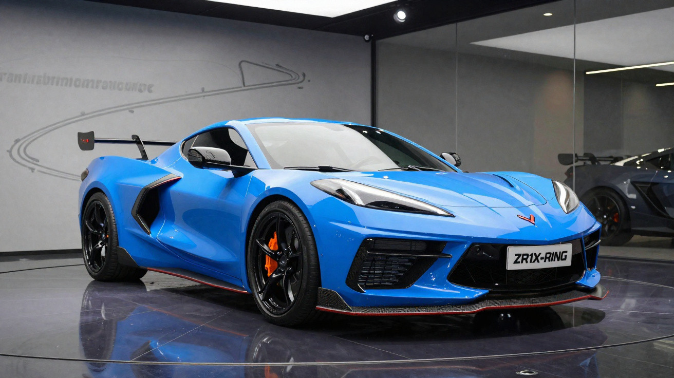 Blue Chevrolet Corvette sports car with black wheels and orange brake calipers in showroom.