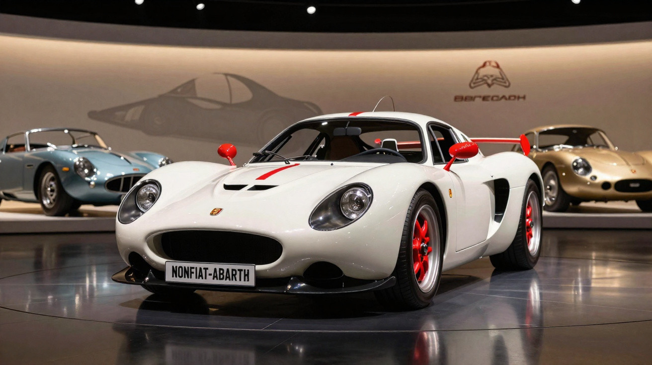 White classic racing car with red accents displayed in museum alongside two vintage cars.