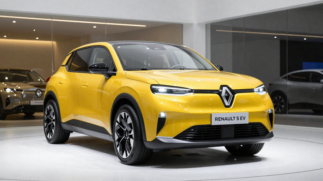 Yellow Renault 5 EV electric car displayed in a showroom with sleek modern design and black accents.