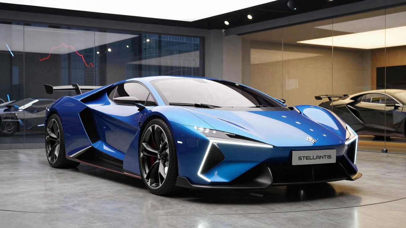 Blue sleek Stellantis sports car with sharp angular design displayed in a modern showroom.