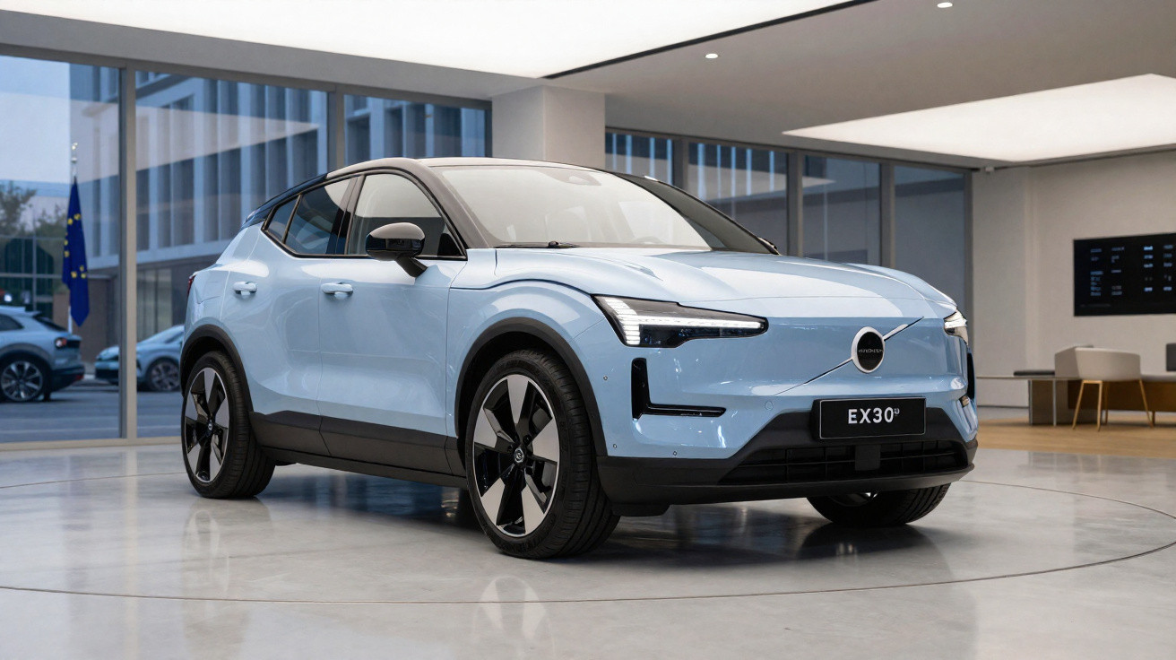 Light blue Volvo EX30 electric SUV displayed in a modern showroom with large windows and polished floors.