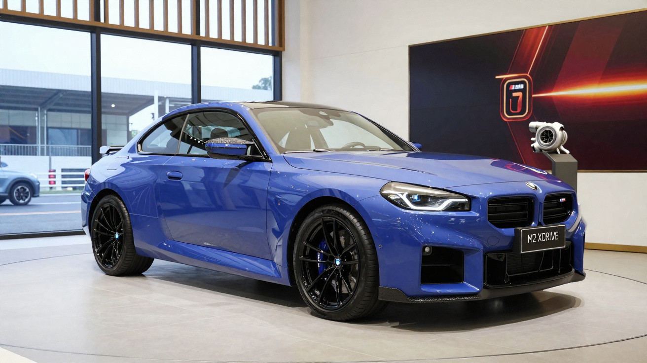 Blue BMW M2 xDrive sports car displayed indoors with large windows and an engine model in the background