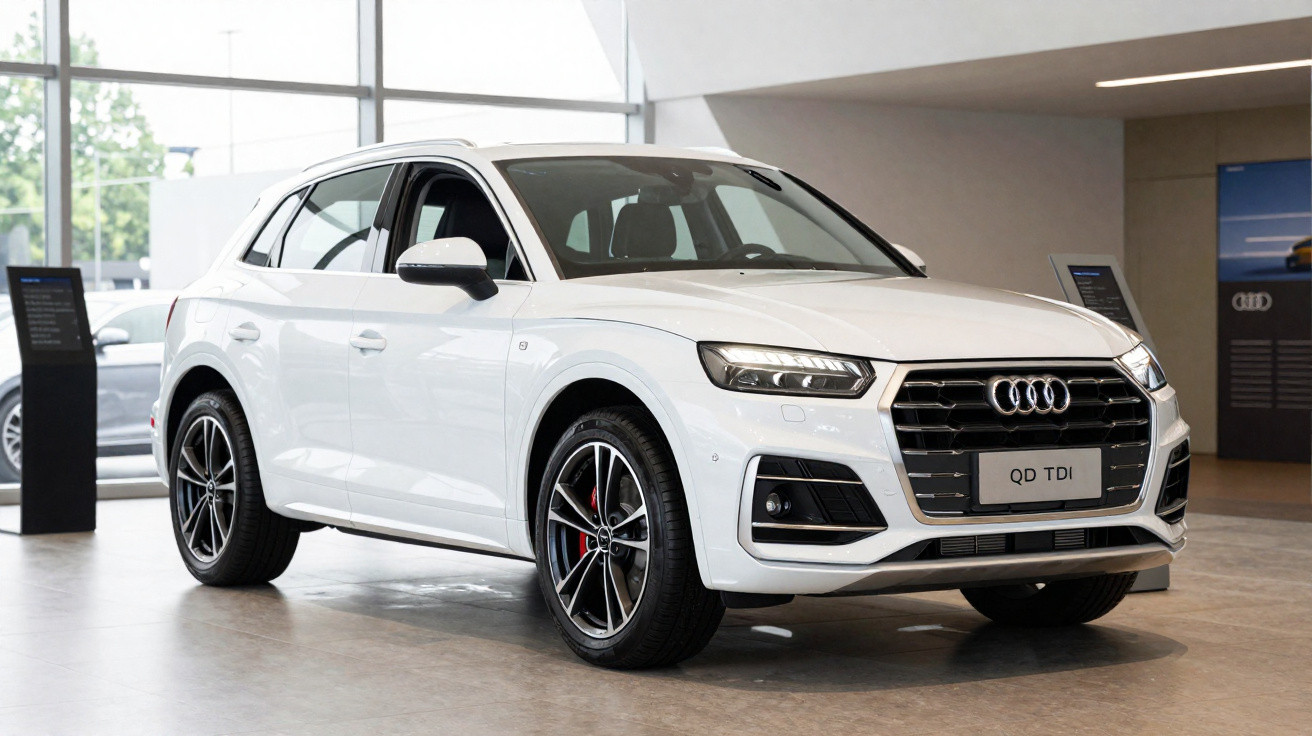 White Audi Q5 SUV displayed indoors with black grille and alloy wheels in a modern showroom.
