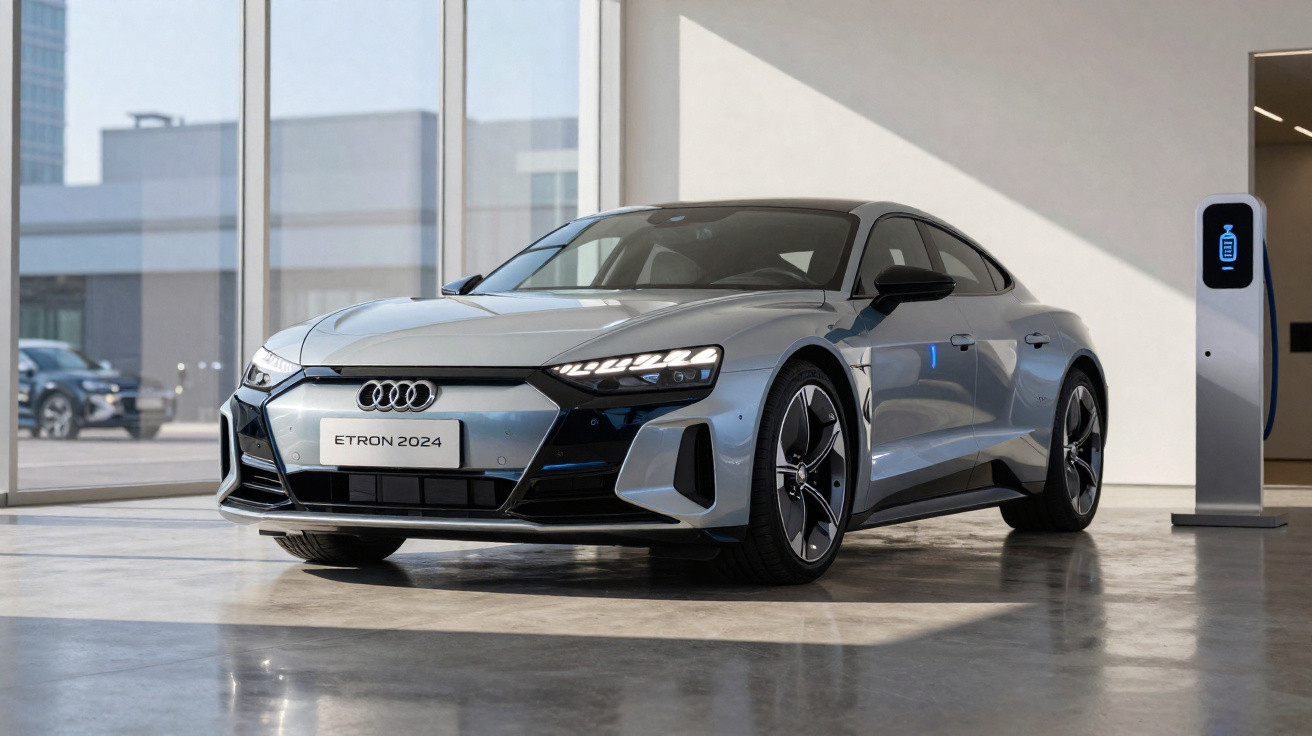 Silver Audi E-Tron 2024 electric car next to a charging station inside a modern showroom.
