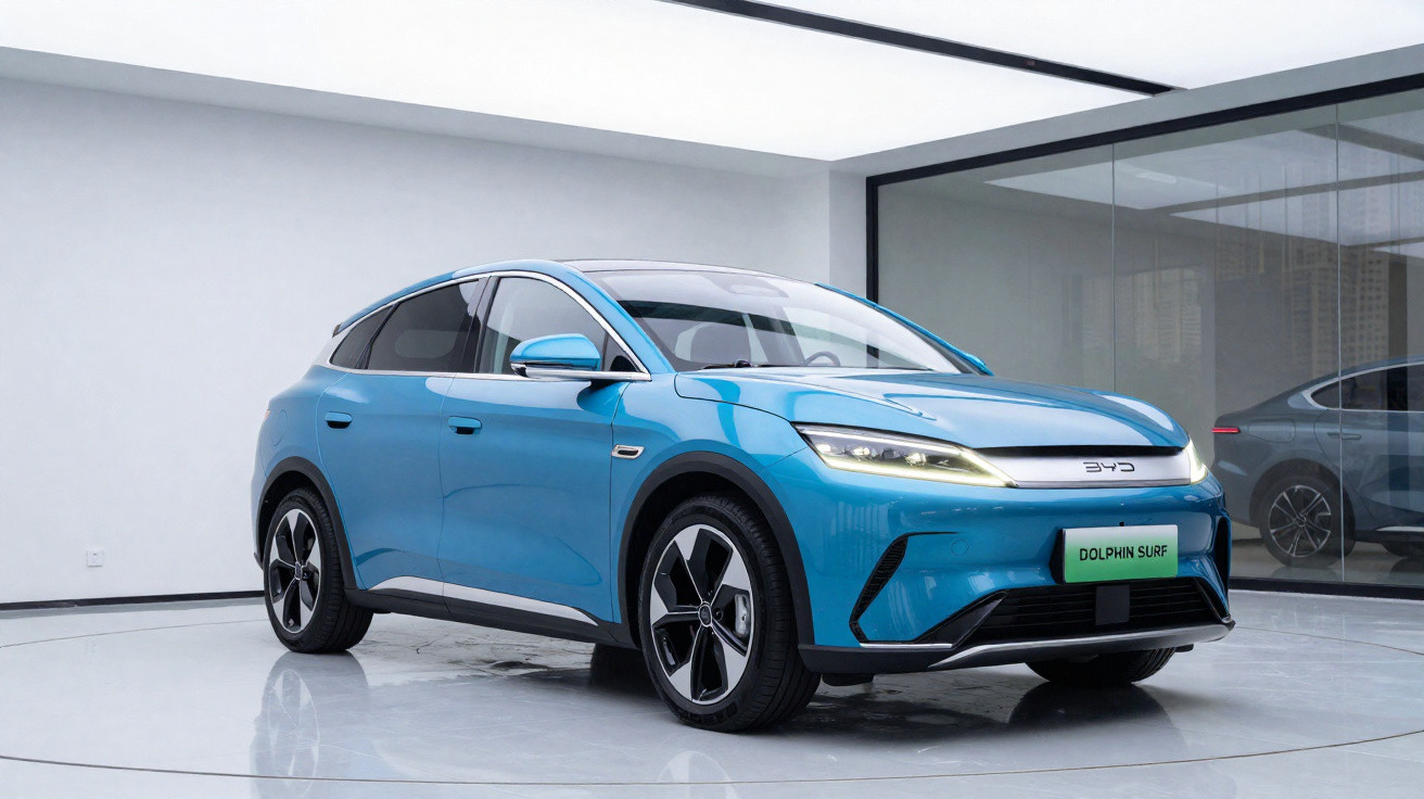 Blue BYD Dolphin Surf electric car displayed indoors with sleek design and aerodynamic shape