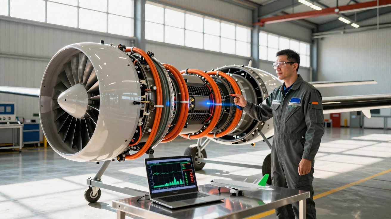 Engineer inspecting a large aircraft jet engine with a diagnostic laser in an industrial hangar.