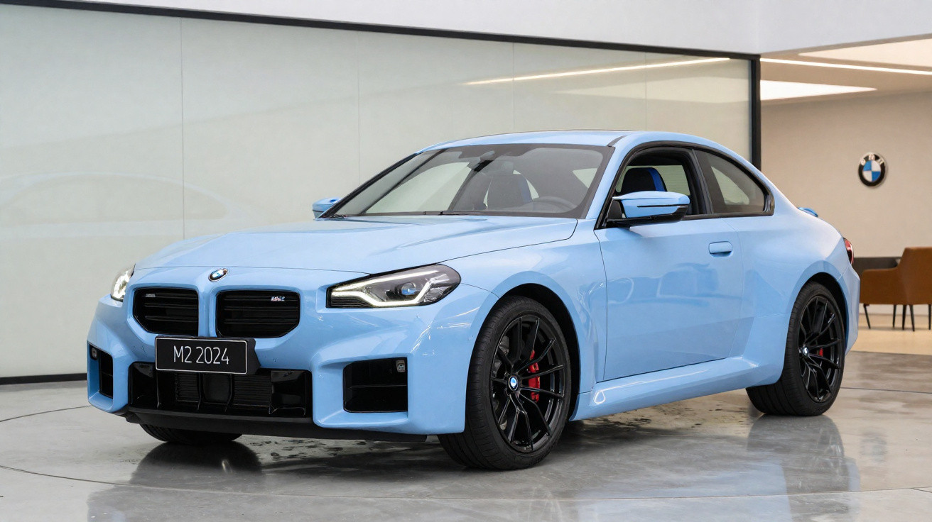 Light blue BMW M2 2024 model sports car with black wheels displayed indoors on a polished floor.