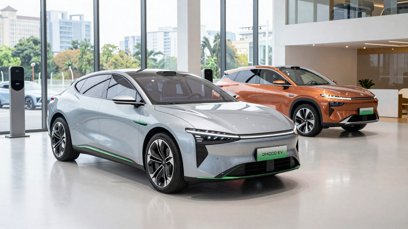 Two modern electric cars, one silver and one orange, displayed inside a bright showroom.