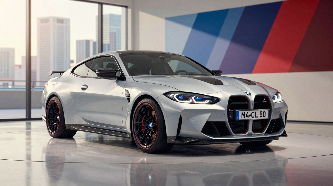 Silver BMW M4 sports car with blue headlights parked indoors against a cityscape and geometric wall art.