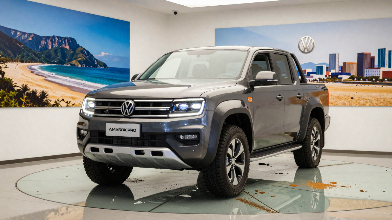 Grey Volkswagen Amarok Pro pickup truck displayed indoors with cityscape and beach murals in the background.