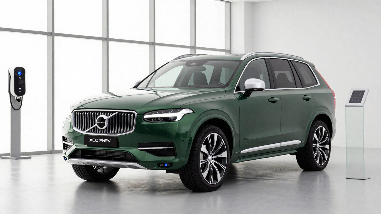 Green Volvo XC90 PHEV SUV parked indoors near a charging station and digital display.