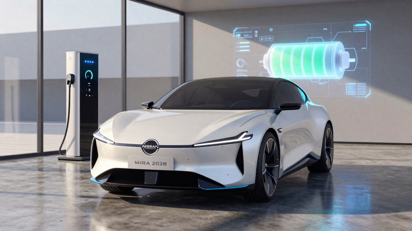 White Nissan Mira 2028 electric car parked indoors beside charging station with battery charge graphic on wall.