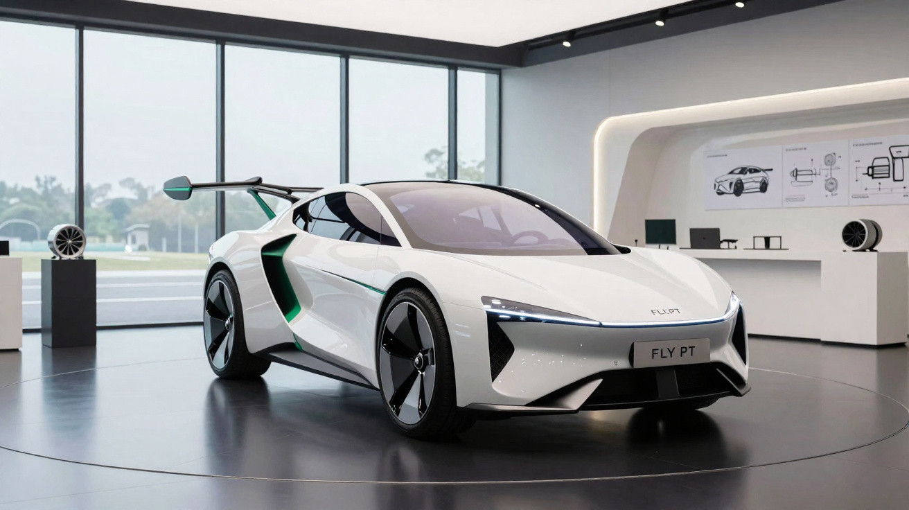White futuristic electric sports car displayed in a modern showroom with large windows and design sketches.