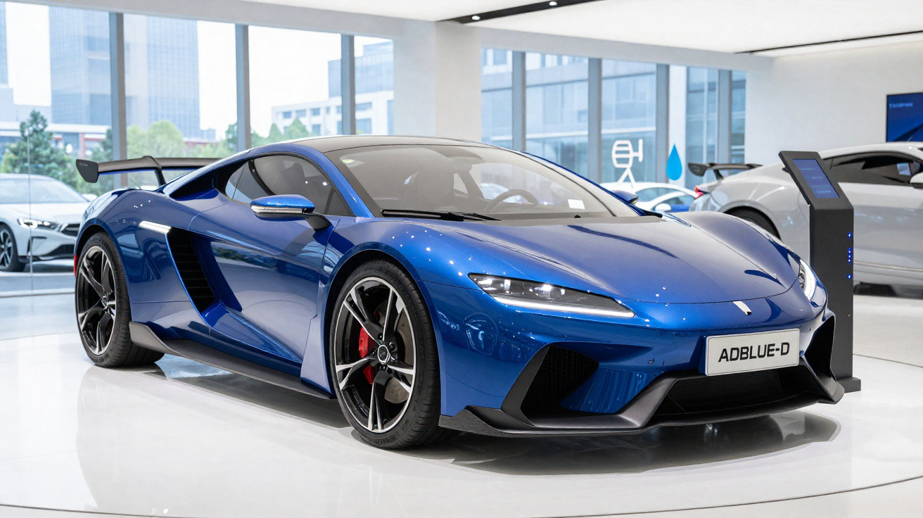 Blue McLaren sports car displayed in a showroom with modern buildings visible through windows.