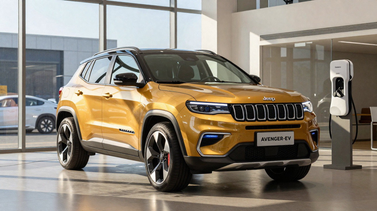 Yellow Jeep Avenger-EV electric SUV displayed indoors next to a charging station.
