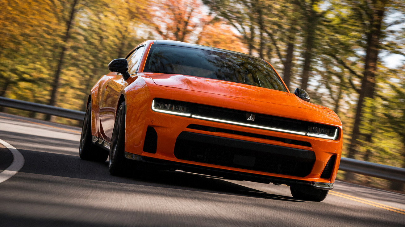 Orange sports car driving on a winding road surrounded by autumn trees and metal guardrails.