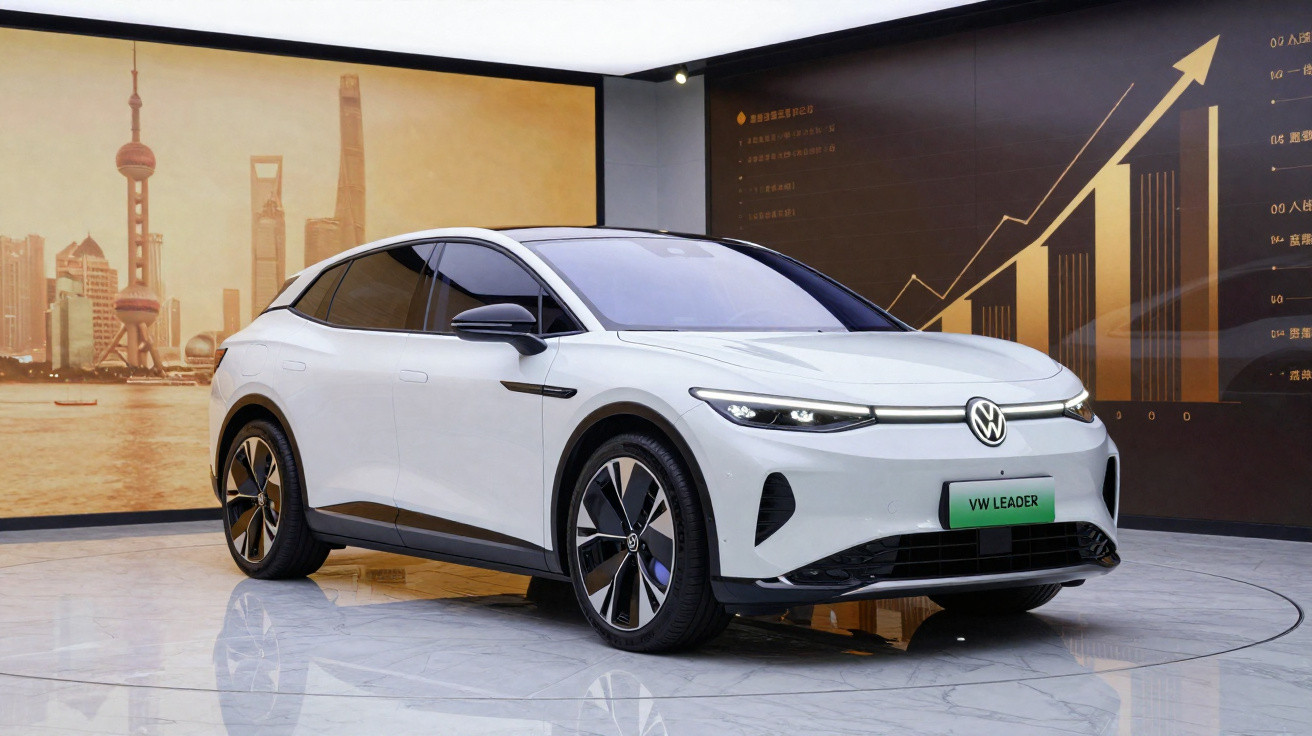 White Volkswagen VW Leader electric car displayed indoors with cityscape and upward graph background.