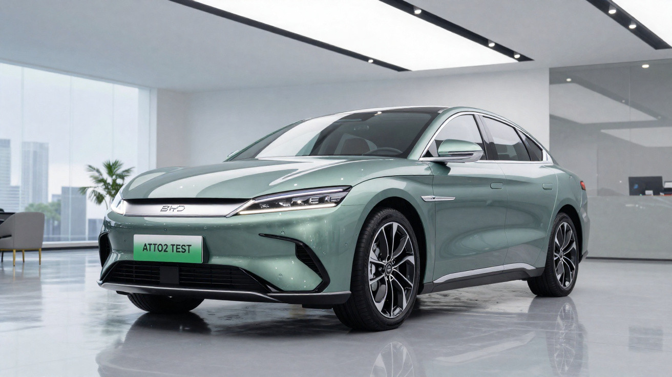 Green BYD electric sedan parked inside a modern showroom with large windows and city view outside.