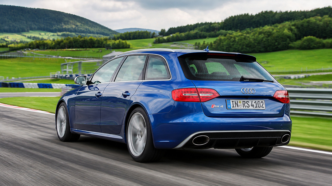 Blue Audi RS4 Avant driving on a racetrack with green hills and forest in the background.