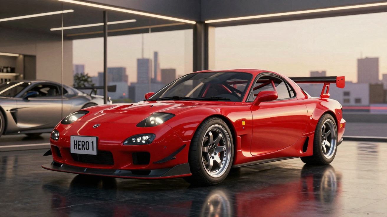 Red Mazda RX-7 sports car with racing modifications parked in a modern garage at sunset.