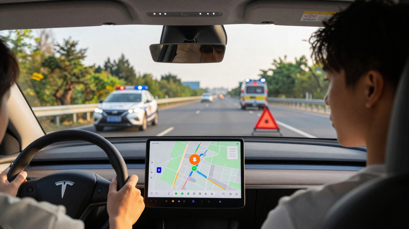 View from inside a Tesla showing two people, navigation screen, and emergency vehicles on the highway ahead.
