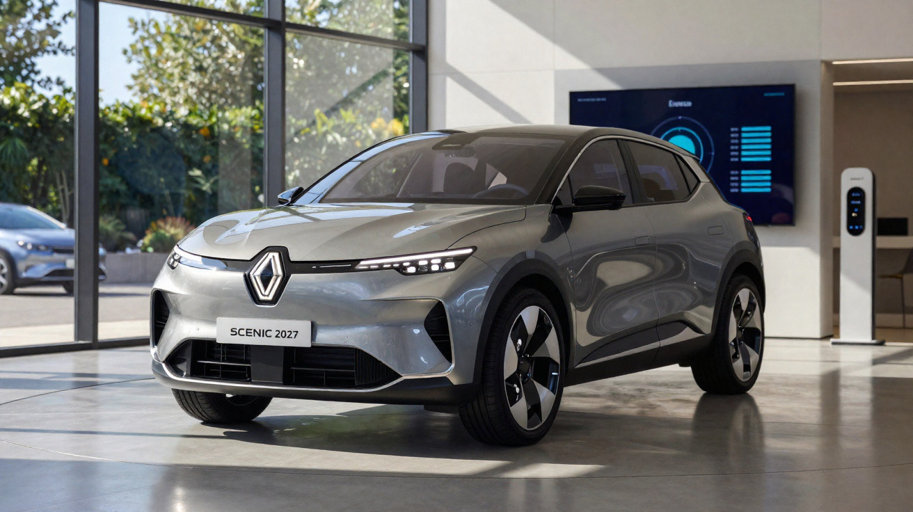 Silver Renault Scenic 2027 electric car displayed inside a modern showroom with large windows.
