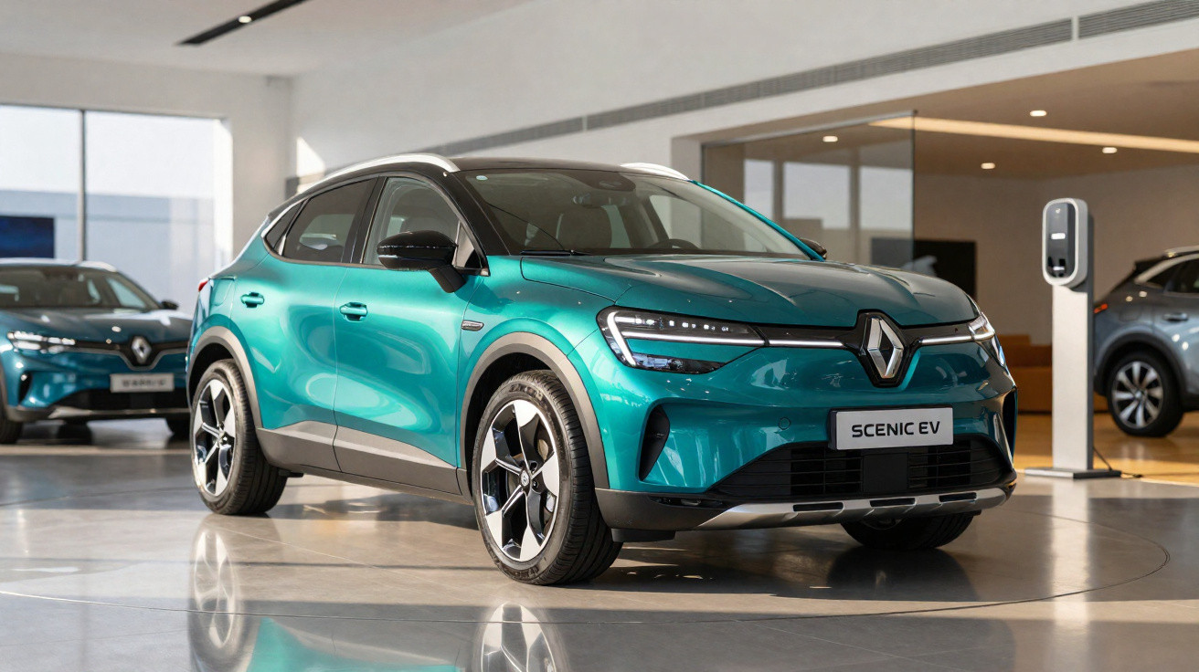Teal Renault Scenic EV electric car displayed in a showroom with polished floor and charging station nearby.