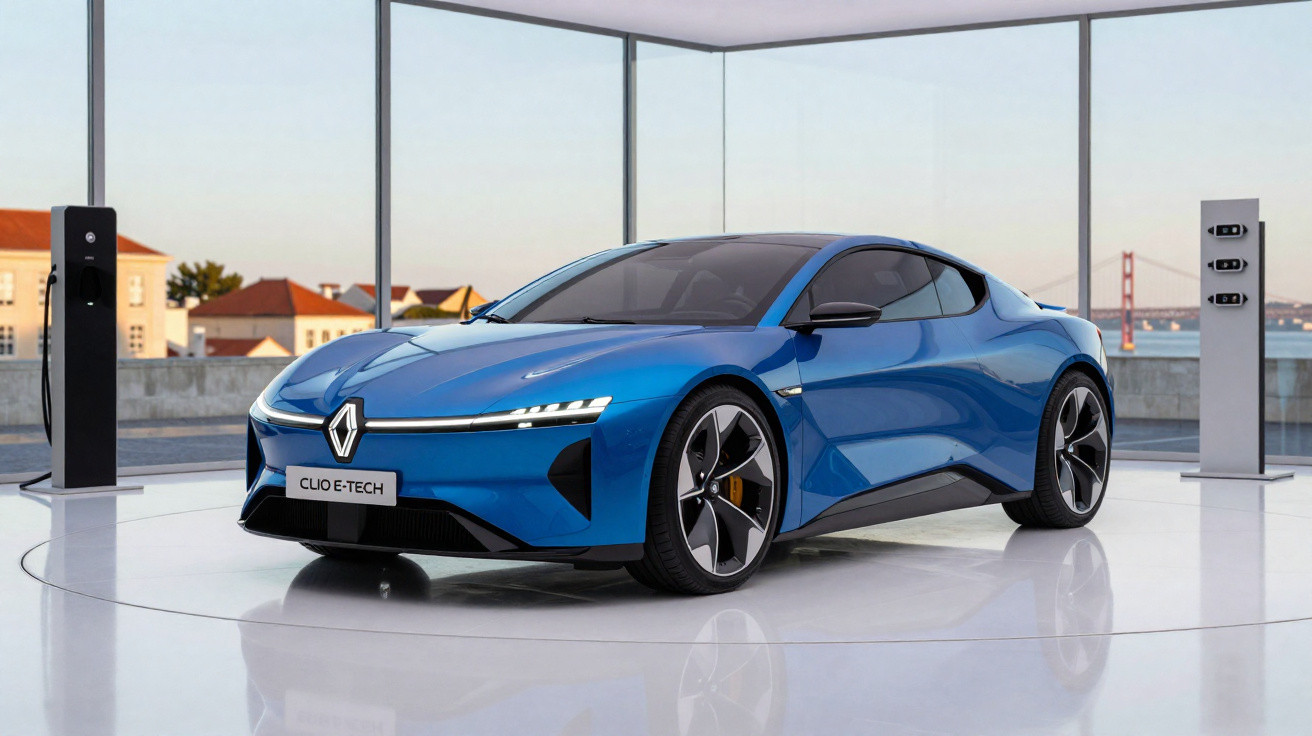 Blue Renault Clio E-Tech electric car in a glass showroom with charging stations and a distant bridge view