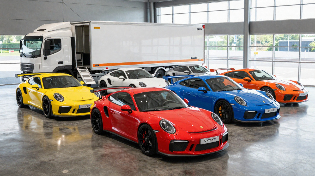 Five Porsche 911 GT3 sports cars in red, yellow, white, blue, and orange inside a showroom next to a large white truck.