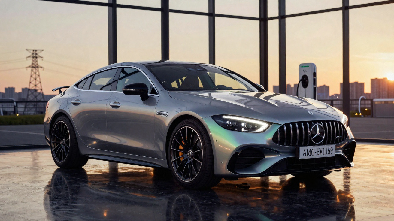 Silver Mercedes-Benz AMG electric sports car parked inside a glass building at sunset.