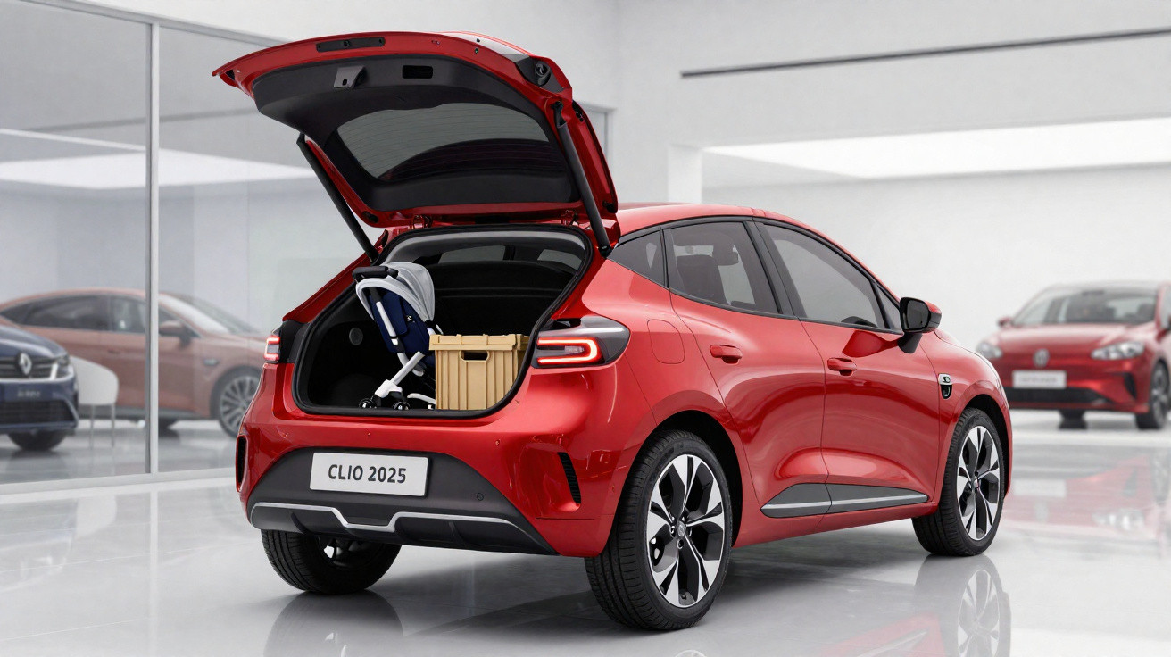 Red 2025 Renault Clio hatchback with open boot containing a stroller and wooden crate in a showroom.
