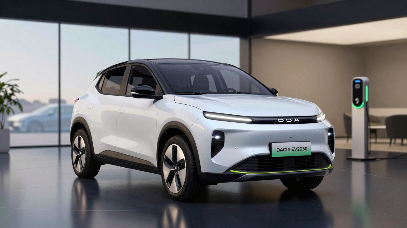 White Dacia EV2030 electric car parked indoors next to a charging station with modern interior background.