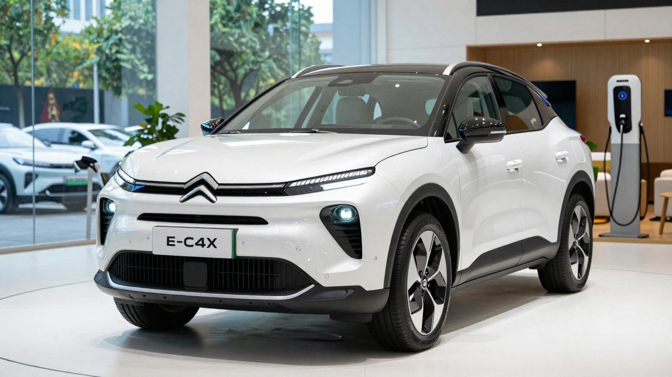 White Citroën E-C4X electric SUV displayed indoors near a charging station.