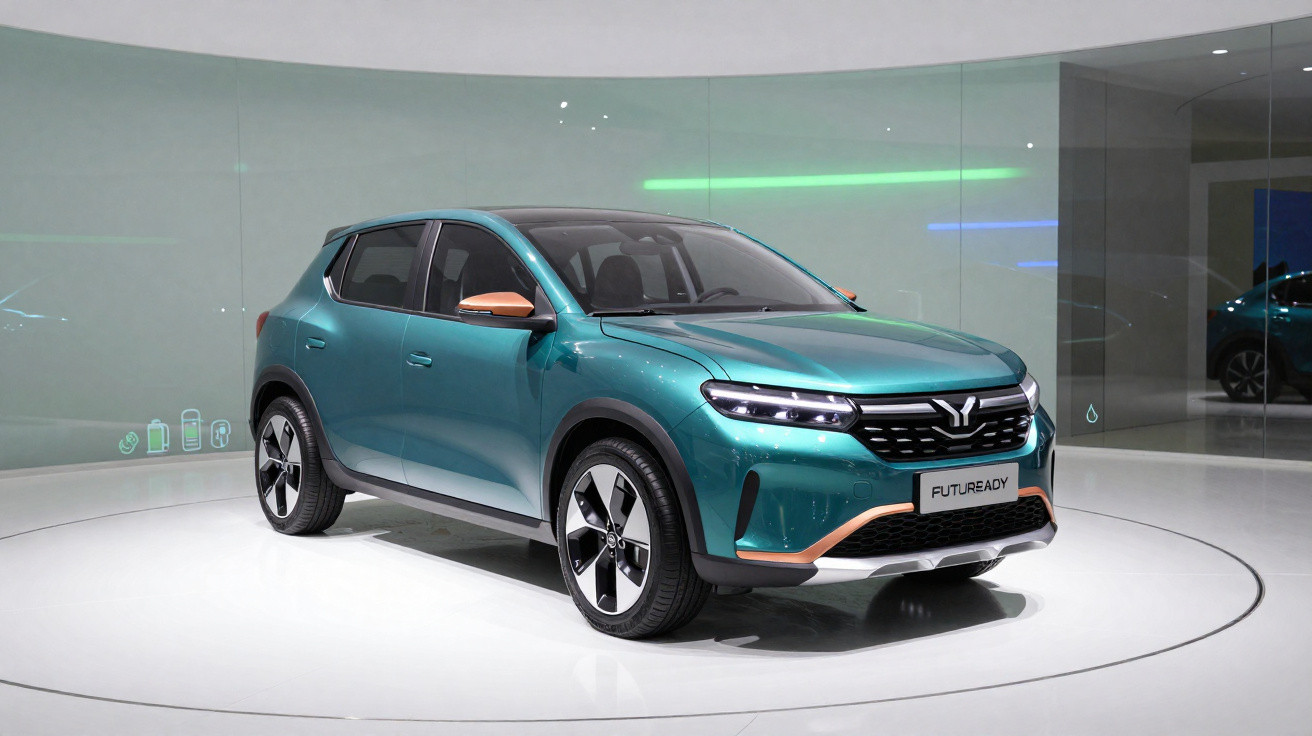Teal electric SUV displayed on a white platform with futuristic backdrop and "FUTUREADY" licence plate.
